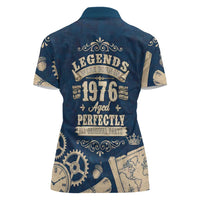 Legend 1976 Vintage Gears and Scrolls Design Women Polo Shirt with Crown Motif in Classic Blue and Beige Retro