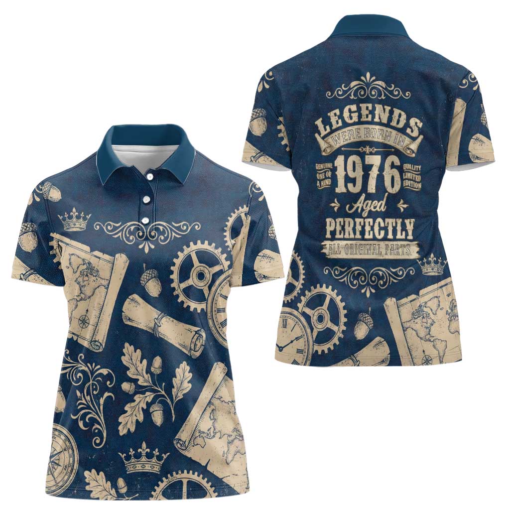 Legend 1976 Vintage Gears and Scrolls Design Women Polo Shirt with Crown Motif in Classic Blue and Beige Retro