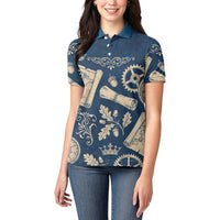 Legend 1976 Vintage Gears and Scrolls Design Women Polo Shirt with Crown Motif in Classic Blue and Beige Retro
