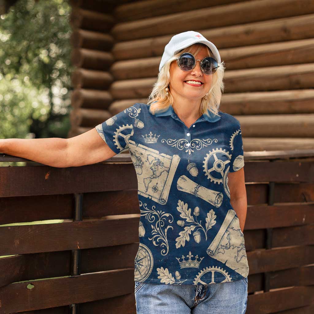 Legend 1976 Vintage Gears and Scrolls Design Women Polo Shirt with Crown Motif in Classic Blue and Beige Retro
