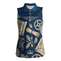 Legend 1976 Vintage Gears and Scrolls Design Women Sleeveless Polo Shirt with Crown Motif in Classic Blue and Beige Retro