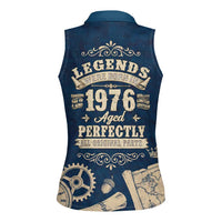 Legend 1976 Vintage Gears and Scrolls Design Women Sleeveless Polo Shirt with Crown Motif in Classic Blue and Beige Retro