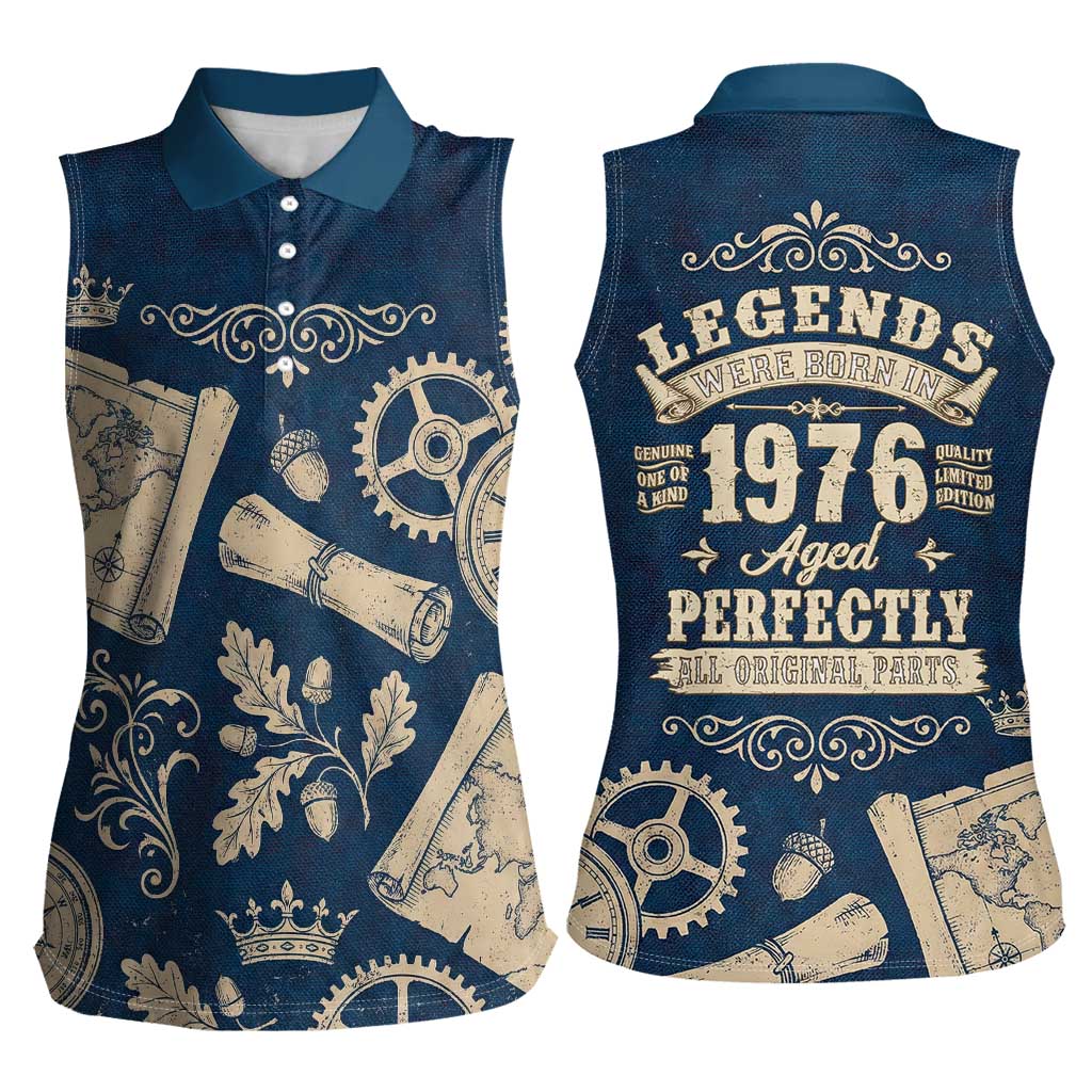 Legend 1976 Vintage Gears and Scrolls Design Women Sleeveless Polo Shirt with Crown Motif in Classic Blue and Beige Retro