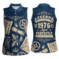 Legend 1976 Vintage Gears and Scrolls Design Women Sleeveless Polo Shirt with Crown Motif in Classic Blue and Beige Retro