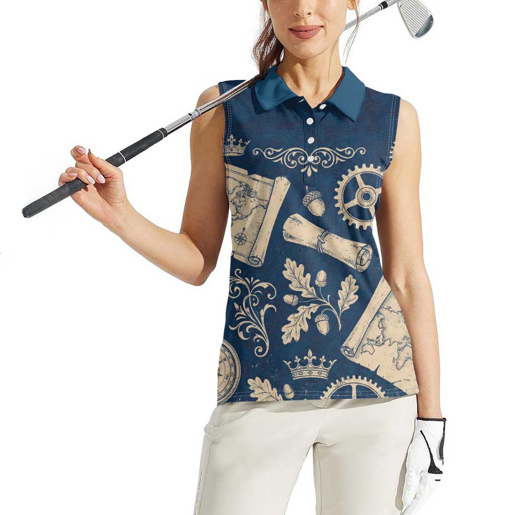 Legend 1976 Vintage Gears and Scrolls Design Women Sleeveless Polo Shirt with Crown Motif in Classic Blue and Beige Retro