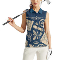 Legend 1976 Vintage Gears and Scrolls Design Women Sleeveless Polo Shirt with Crown Motif in Classic Blue and Beige Retro