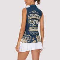 Legend 1976 Vintage Gears and Scrolls Design Women Sleeveless Polo Shirt with Crown Motif in Classic Blue and Beige Retro
