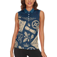 Legend 1976 Vintage Gears and Scrolls Design Women Sleeveless Polo Shirt with Crown Motif in Classic Blue and Beige Retro