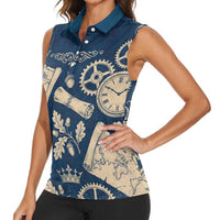 Legend 1976 Vintage Gears and Scrolls Design Women Sleeveless Polo Shirt with Crown Motif in Classic Blue and Beige Retro
