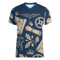 Legend 1976 Vintage Gears and Scrolls Design Women V-Neck T-Shirt with Crown Motif in Classic Blue and Beige Retro