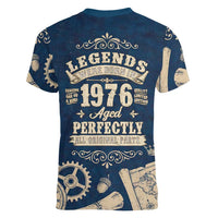 Legend 1976 Vintage Gears and Scrolls Design Women V-Neck T-Shirt with Crown Motif in Classic Blue and Beige Retro