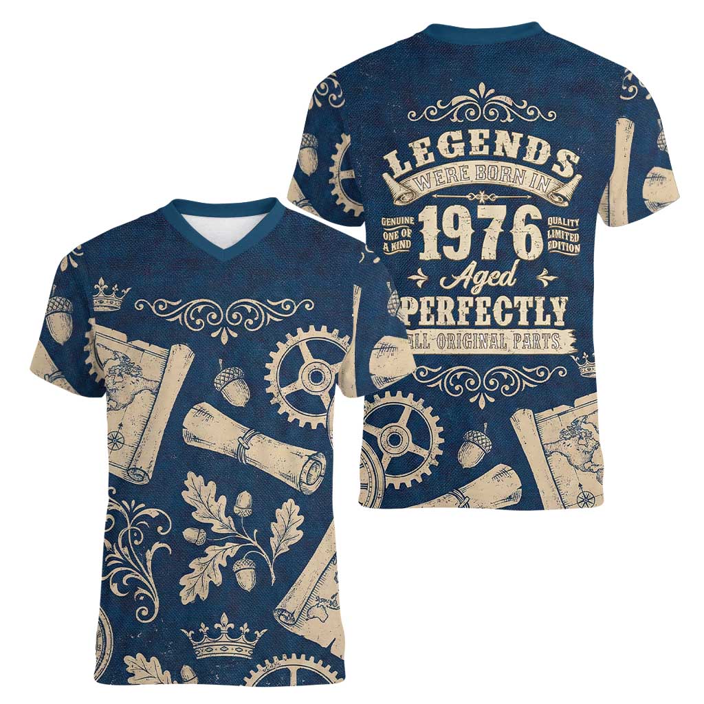 Legend 1976 Vintage Gears and Scrolls Design Women V-Neck T-Shirt with Crown Motif in Classic Blue and Beige Retro