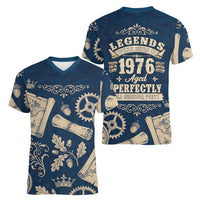 Legend 1976 Vintage Gears and Scrolls Design Women V-Neck T-Shirt with Crown Motif in Classic Blue and Beige Retro