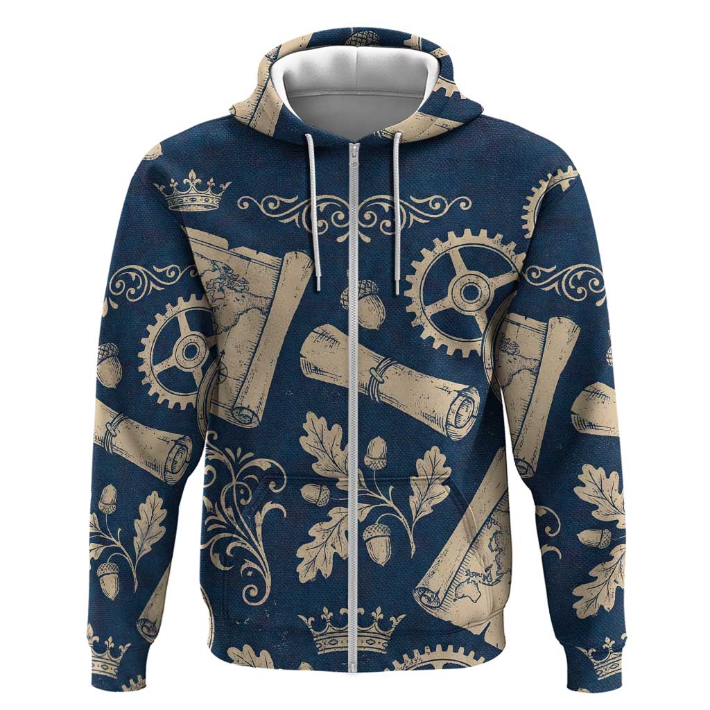 Legend 1976 Vintage Gears and Scrolls Design Zip Hoodie with Crown Motif in Classic Blue and Beige Retro