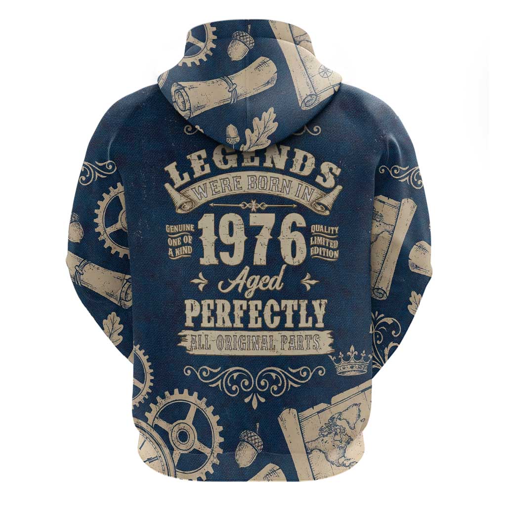 Legend 1976 Vintage Gears and Scrolls Design Zip Hoodie with Crown Motif in Classic Blue and Beige Retro