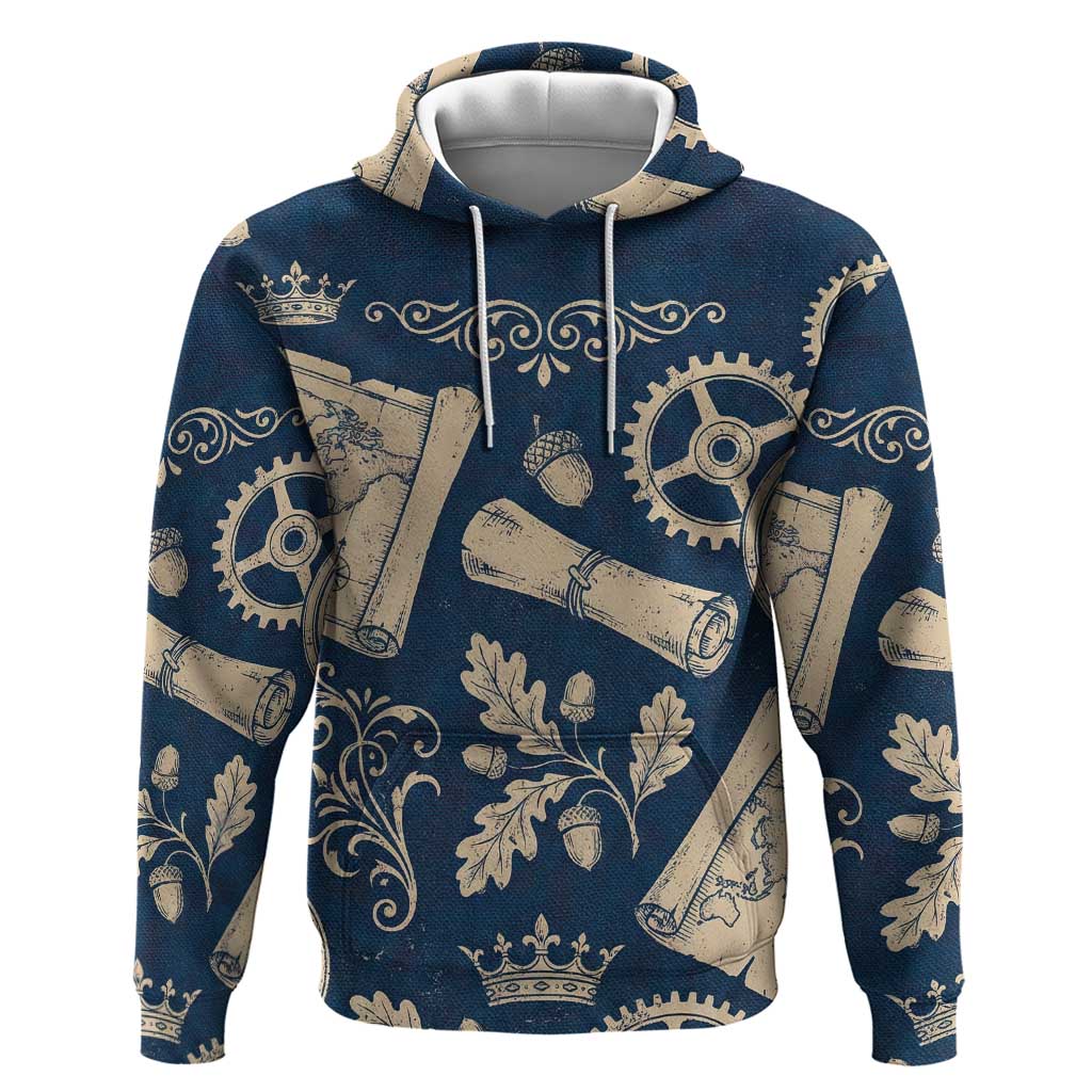Legend 1976 Vintage Gears and Scrolls Design Zip Hoodie with Crown Motif in Classic Blue and Beige Retro