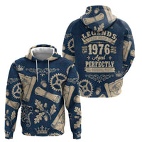 Legend 1976 Vintage Gears and Scrolls Design Zip Hoodie with Crown Motif in Classic Blue and Beige Retro