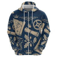 Legend 1976 Vintage Gears and Scrolls Design Zip Hoodie with Crown Motif in Classic Blue and Beige Retro