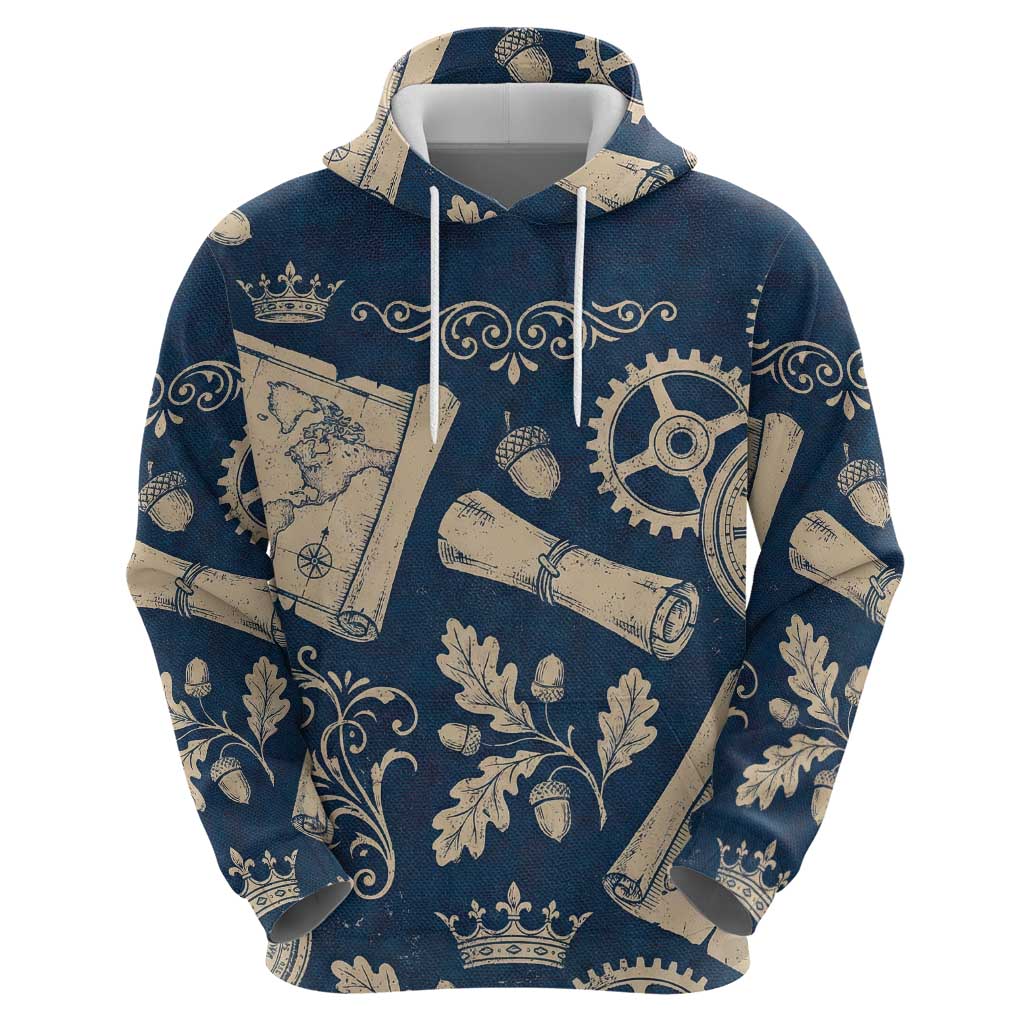 Legend 1976 Vintage Gears and Scrolls Design Zip Hoodie with Crown Motif in Classic Blue and Beige Retro