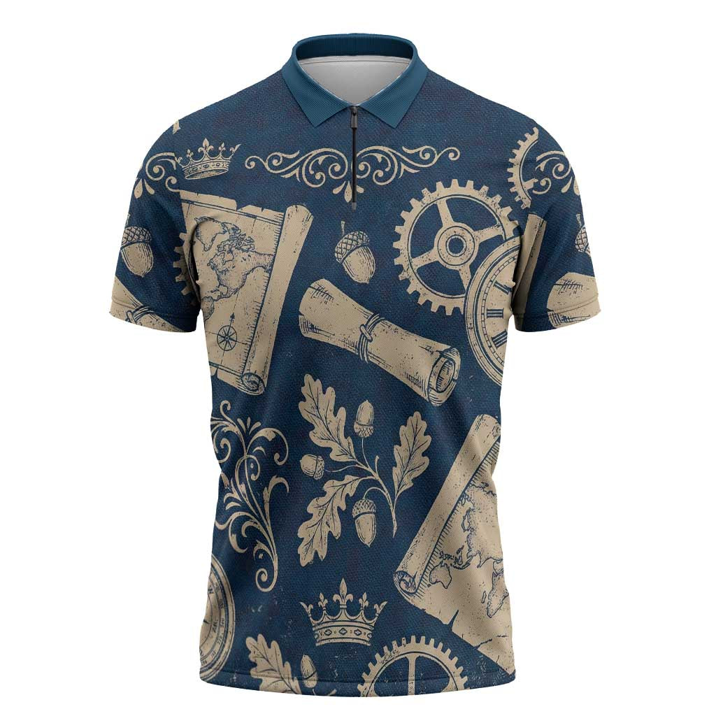 Legend 1976 Vintage Gears and Scrolls Design Zipper Polo Shirt with Crown Motif in Classic Blue and Beige Retro