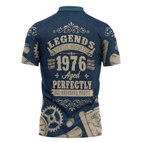Legend 1976 Vintage Gears and Scrolls Design Zipper Polo Shirt with Crown Motif in Classic Blue and Beige Retro