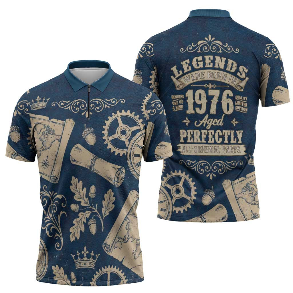 Legend 1976 Vintage Gears and Scrolls Design Zipper Polo Shirt with Crown Motif in Classic Blue and Beige Retro