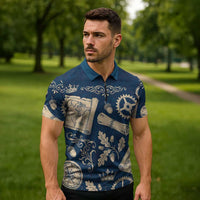 Legend 1976 Vintage Gears and Scrolls Design Zipper Polo Shirt with Crown Motif in Classic Blue and Beige Retro