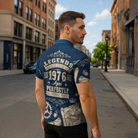 Legend 1976 Vintage Gears and Scrolls Design Zipper Polo Shirt with Crown Motif in Classic Blue and Beige Retro
