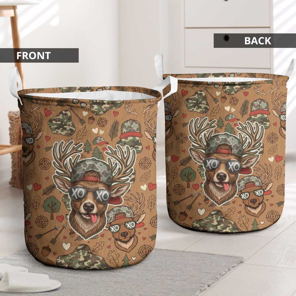 Valentine Buck Laundry Basket with Camo Cap and XOXO Pattern Retro Hunting