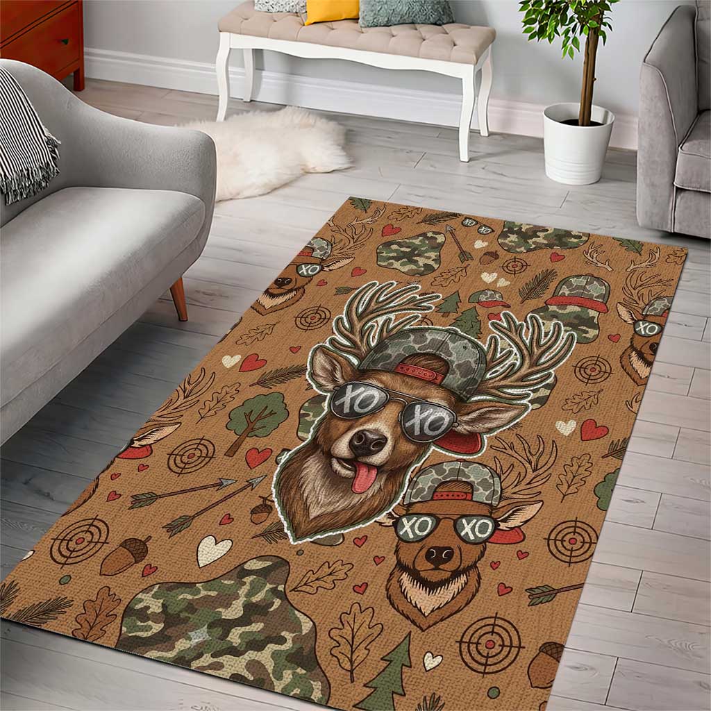 Valentine Buck Area Rug with Camo Cap and XOXO Pattern Retro Hunting