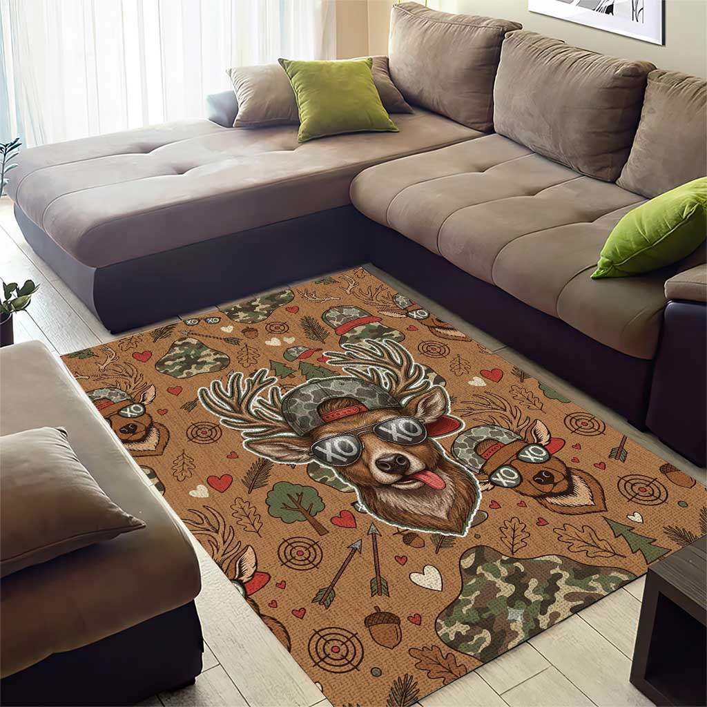 Valentine Buck Area Rug with Camo Cap and XOXO Pattern Retro Hunting