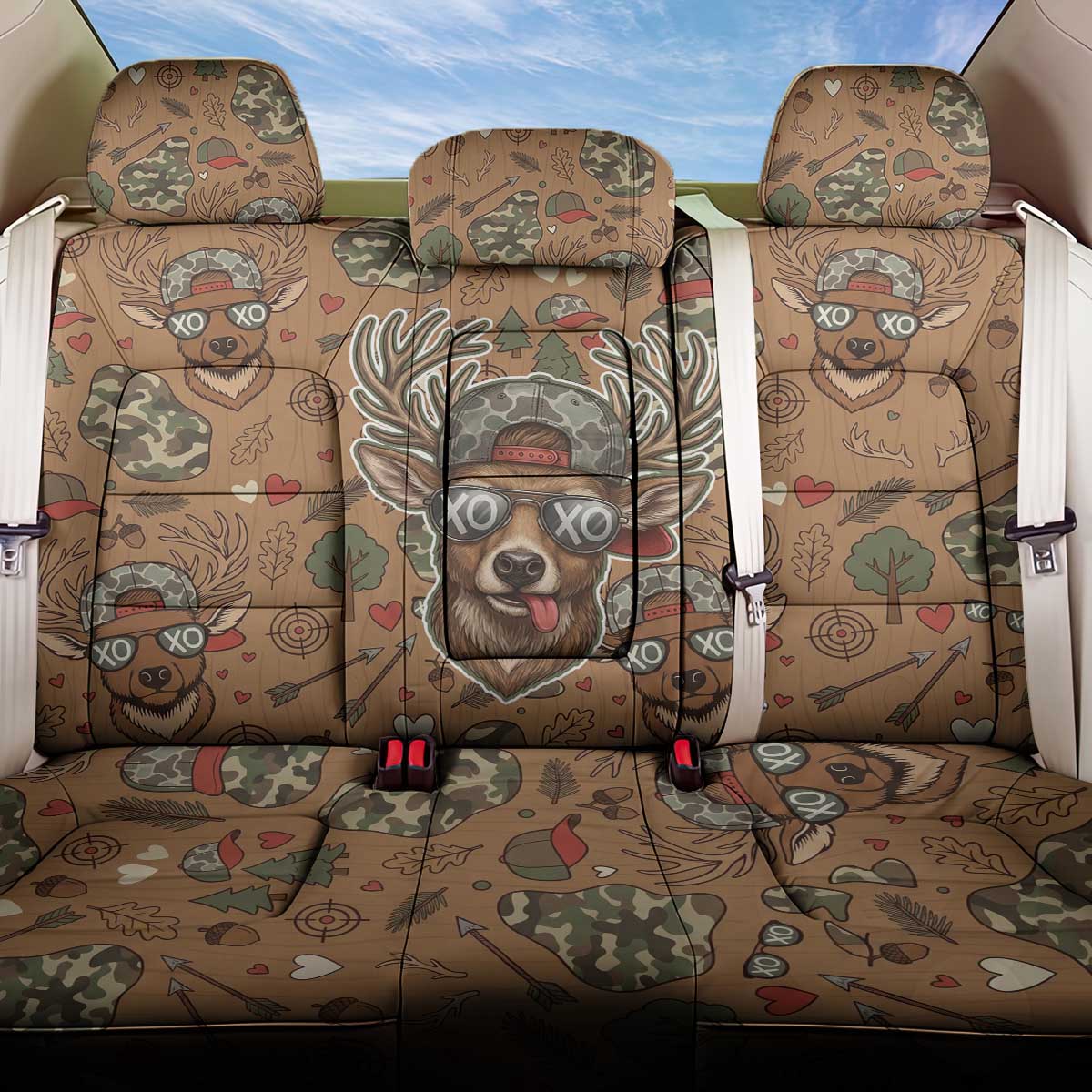 Valentine Buck Back Car Seat Cover with Camo Cap and XOXO Pattern Retro Hunting