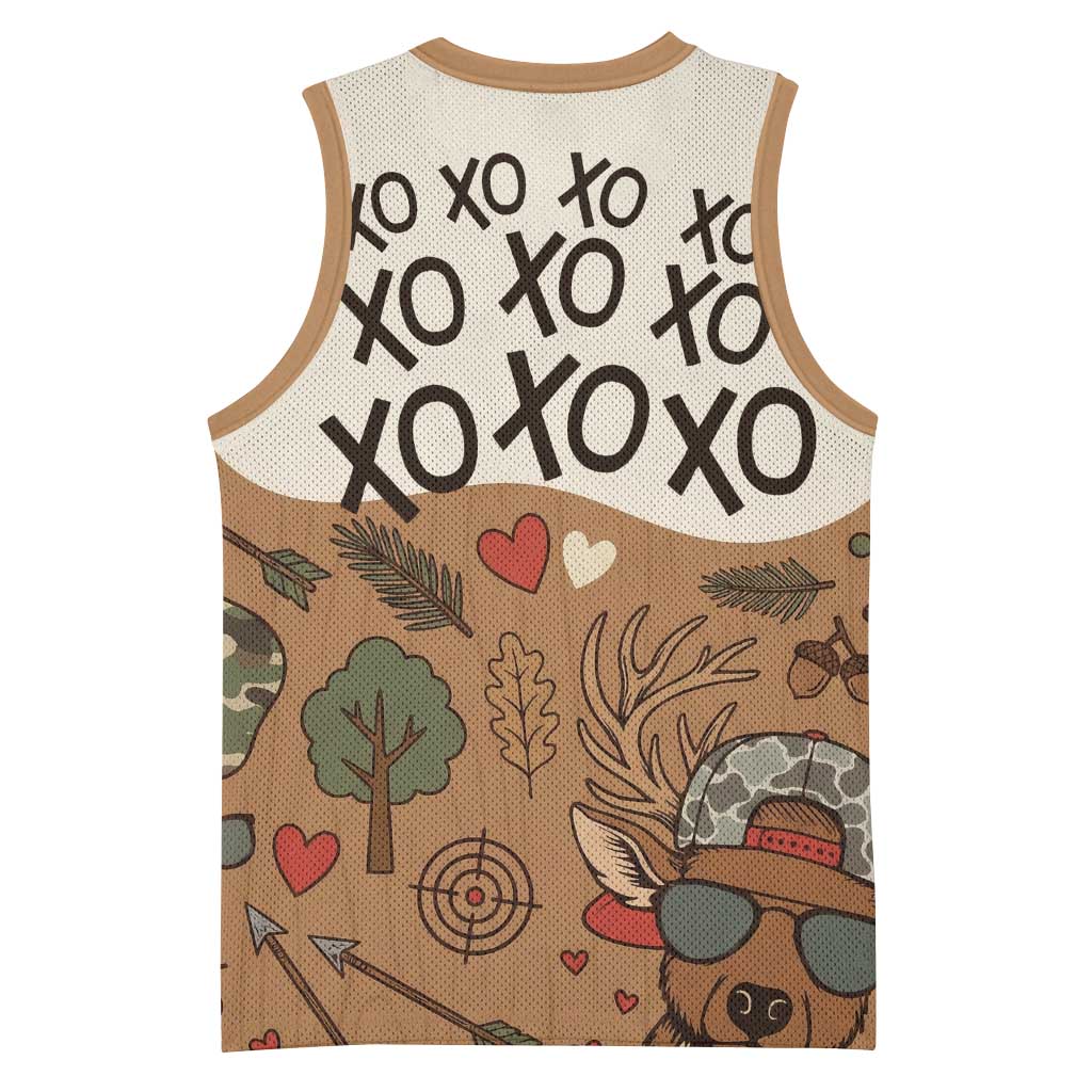 Valentine Buck Basketball Jersey with Camo Cap and XOXO Pattern Retro Hunting
