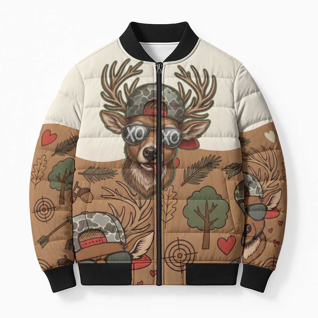 Valentine Buck Bomber Puffer Jacket with Camo Cap and XOXO Pattern Retro Hunting