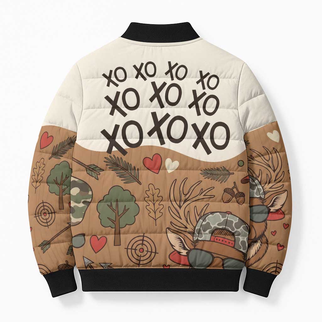 Valentine Buck Bomber Puffer Jacket with Camo Cap and XOXO Pattern Retro Hunting