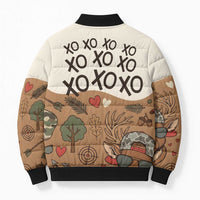 Valentine Buck Bomber Puffer Jacket with Camo Cap and XOXO Pattern Retro Hunting