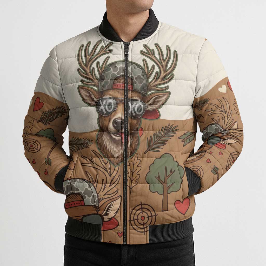 Valentine Buck Bomber Puffer Jacket with Camo Cap and XOXO Pattern Retro Hunting