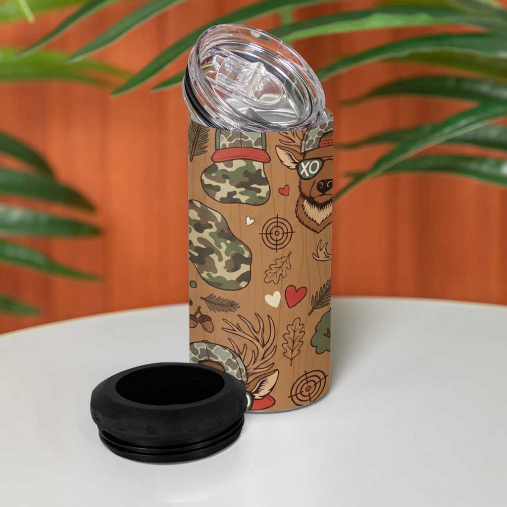 Valentine Buck 4 in 1 Can Cooler Tumbler with Camo Cap and XOXO Pattern Retro Hunting