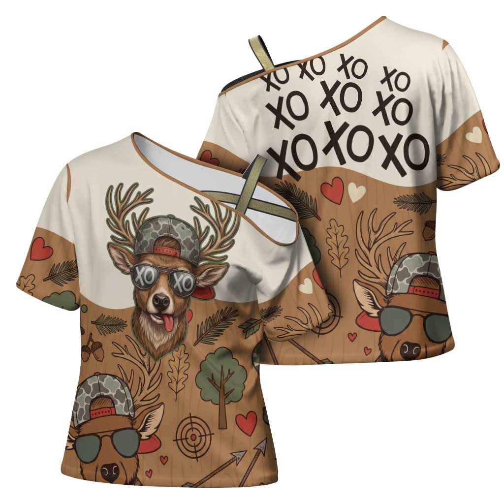 Valentine Buck Cross Shoulder Shirt with Camo Cap and XOXO Pattern Retro Hunting