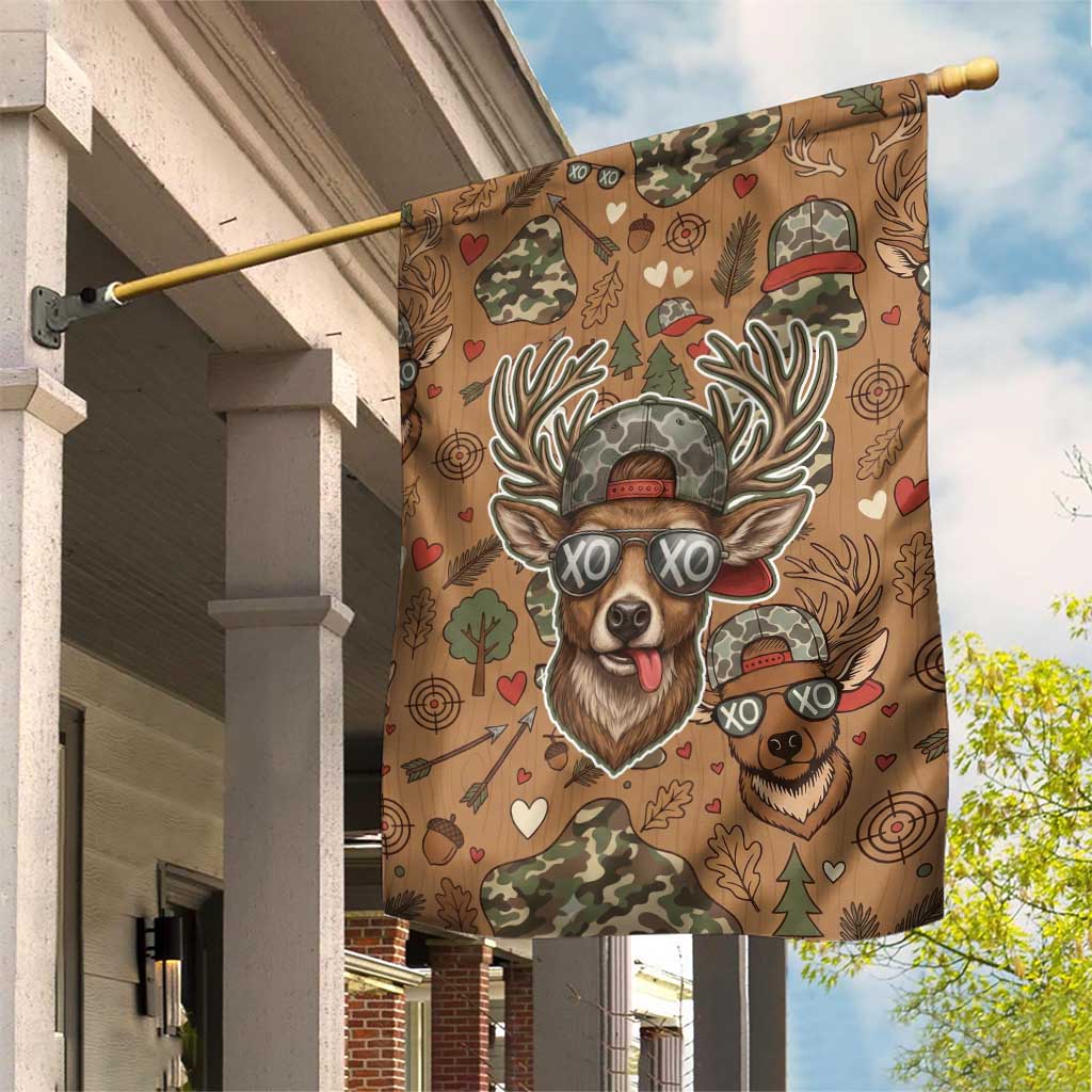 Valentine Buck Garden Flag with Camo Cap and XOXO Pattern Retro Hunting