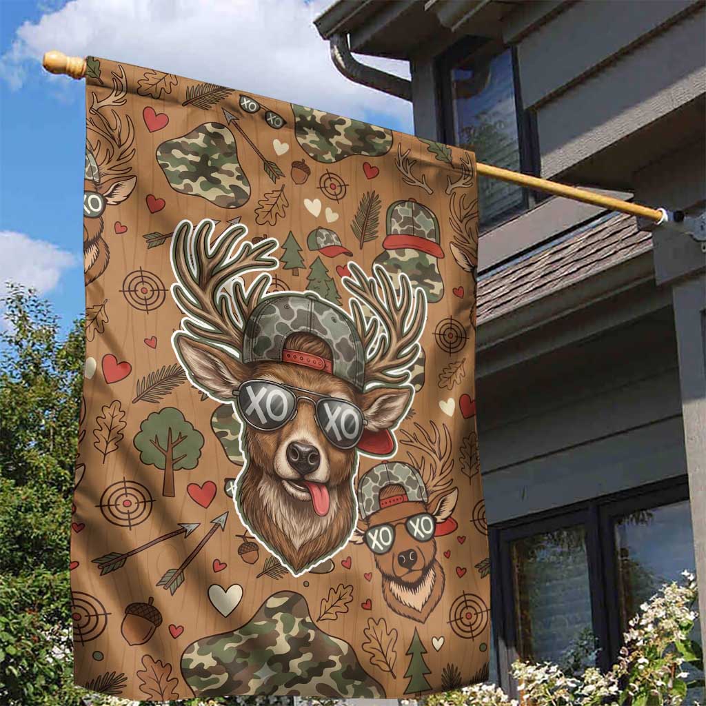Valentine Buck Garden Flag with Camo Cap and XOXO Pattern Retro Hunting