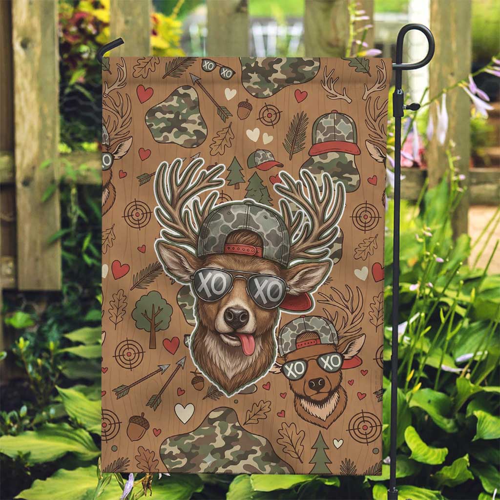 Valentine Buck Garden Flag with Camo Cap and XOXO Pattern Retro Hunting