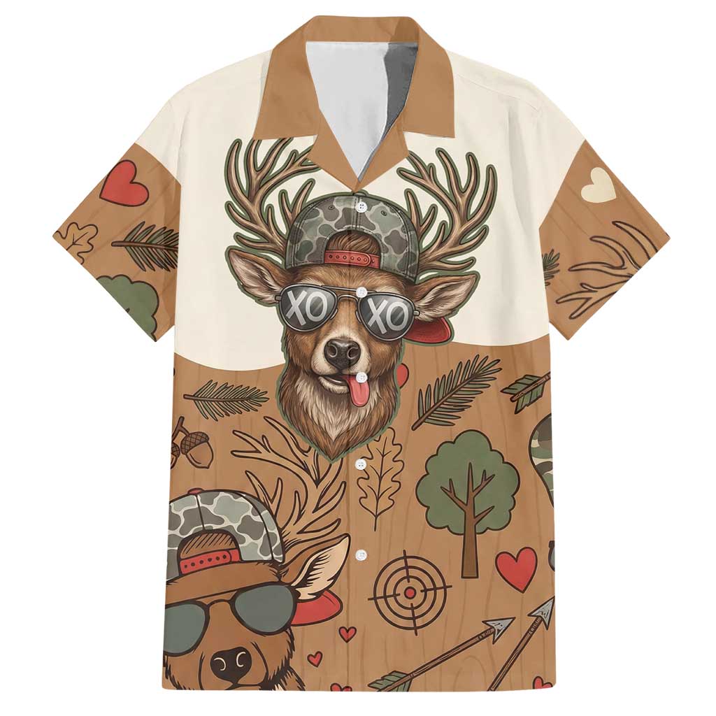 Valentine Buck Hawaiian Shirt with Camo Cap and XOXO Pattern Retro Hunting