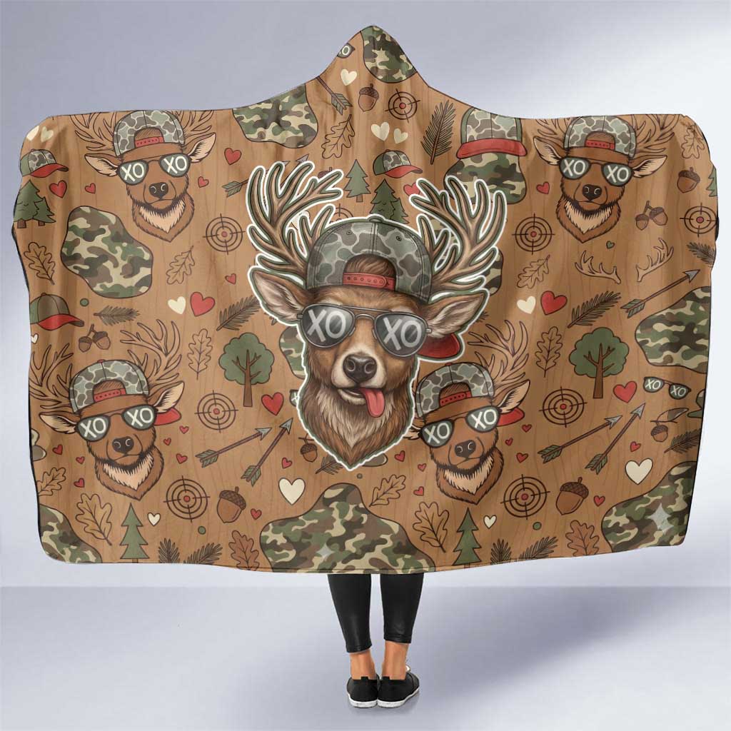 Valentine Buck Hooded Blanket with Camo Cap and XOXO Pattern Retro Hunting