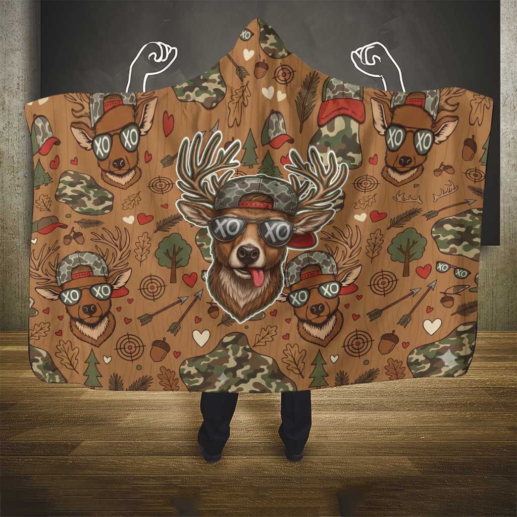 Valentine Buck Hooded Blanket with Camo Cap and XOXO Pattern Retro Hunting