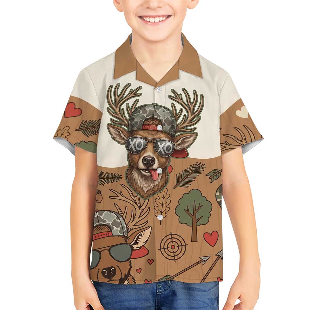 Valentine Buck Kid Hawaiian Shirt with Camo Cap and XOXO Pattern Retro Hunting