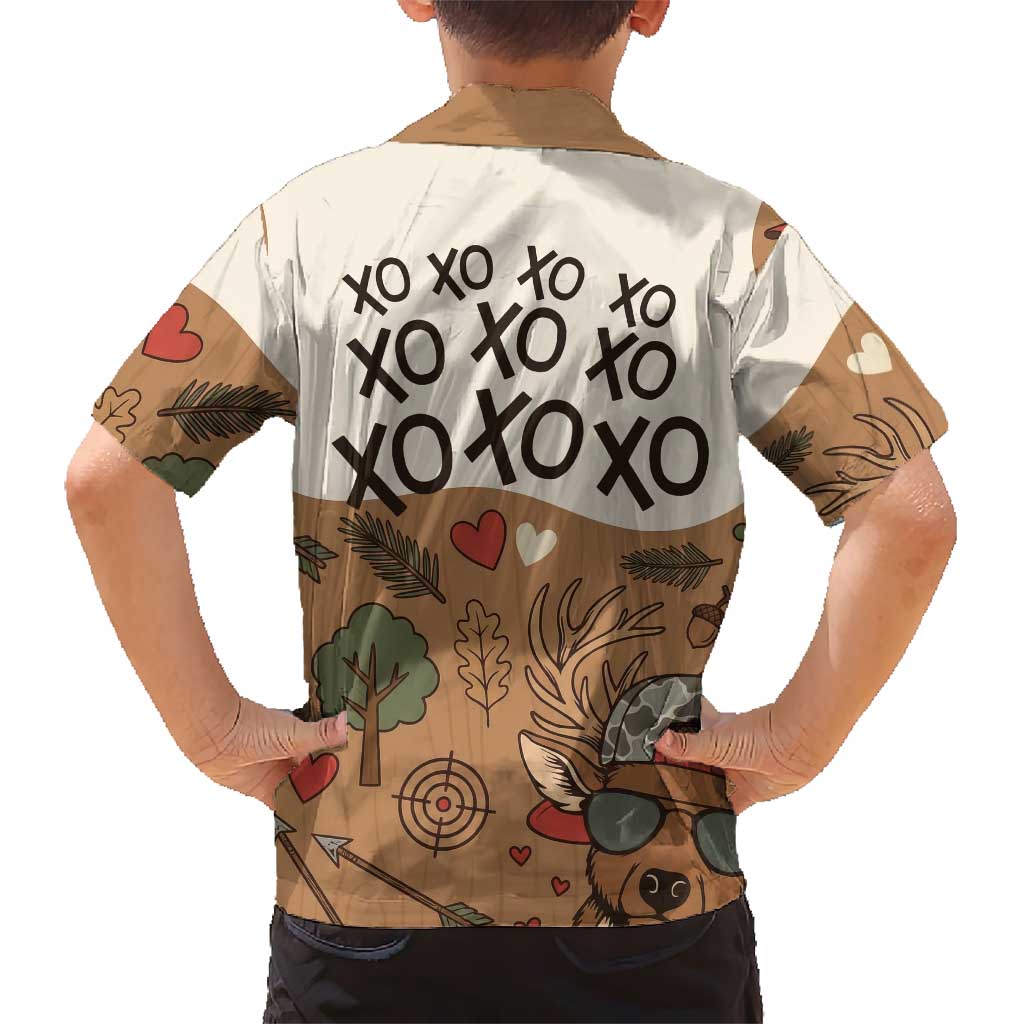 Valentine Buck Kid Hawaiian Shirt with Camo Cap and XOXO Pattern Retro Hunting