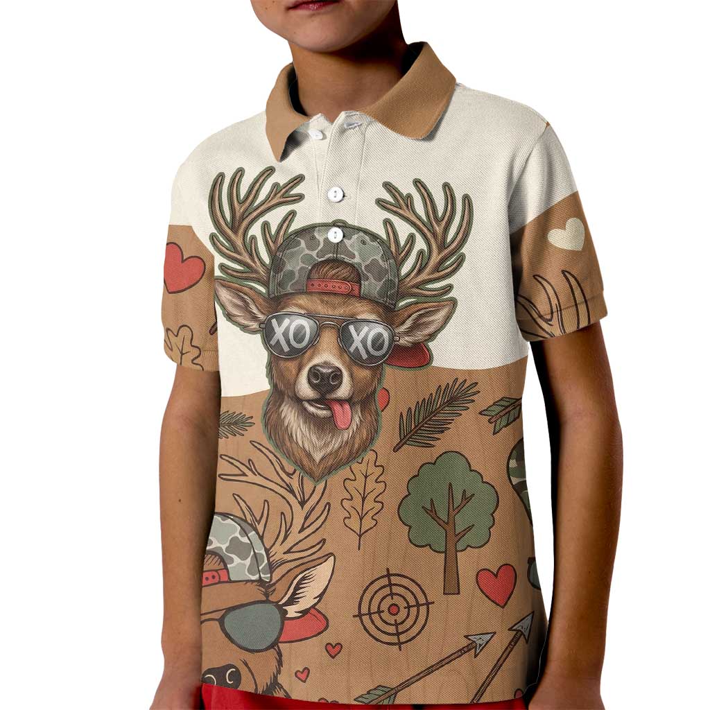 Valentine Buck Kid Polo Shirt with Camo Cap and XOXO Pattern Retro Hunting
