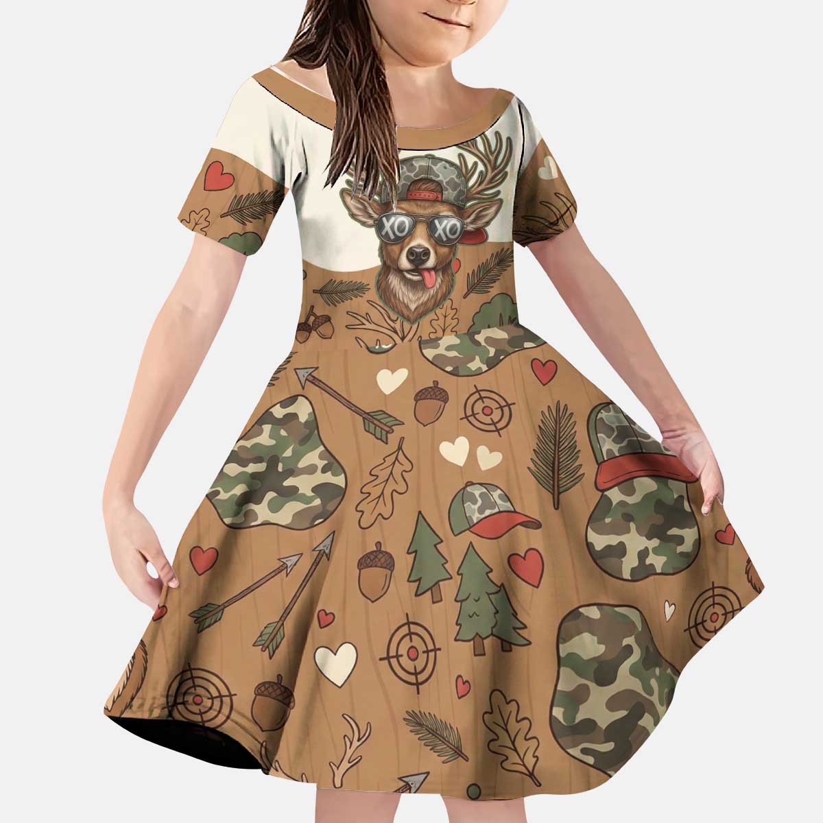 Valentine Buck Kid Short Sleeve Dress with Camo Cap and XOXO Pattern Retro Hunting