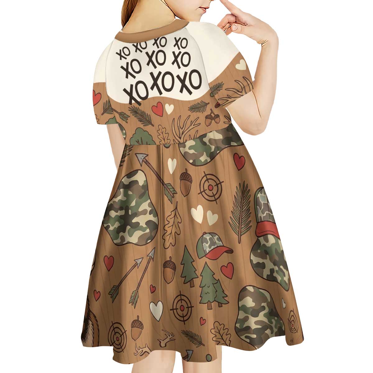 Valentine Buck Kid Short Sleeve Dress with Camo Cap and XOXO Pattern Retro Hunting